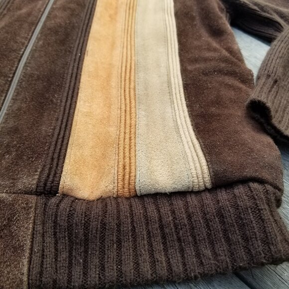 Vintage 70s Suede Leather Sweater Jacket Mens Medium Brown Orange Retro Stripe - Picture 13 of 15